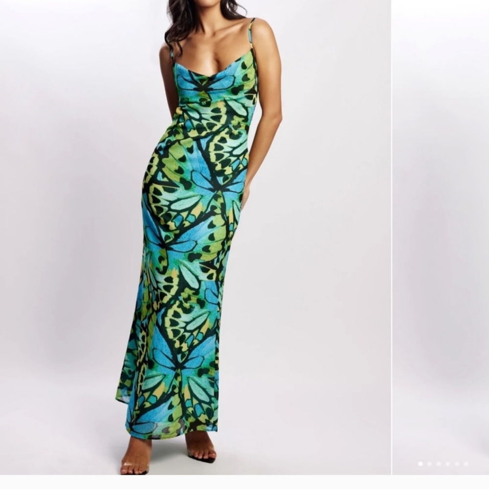 Meshki Women's Medium Zoe Cowl Front Printed Maxi Dress Butterfly.